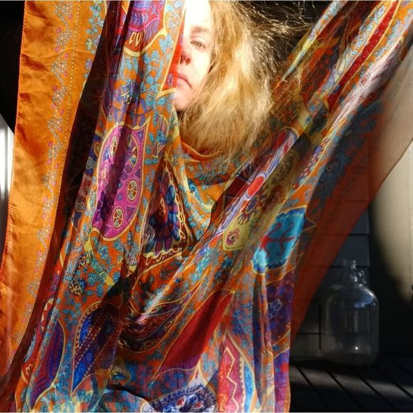 Gossamer silk blend scarf in orange yellow and green motif - Picture 3 of 13